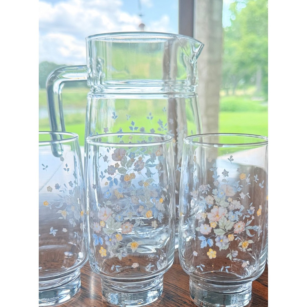 Vintage Arcoroc Victoria Floral Glass Pitcher 8 Tumblers Set France NOS Vintage